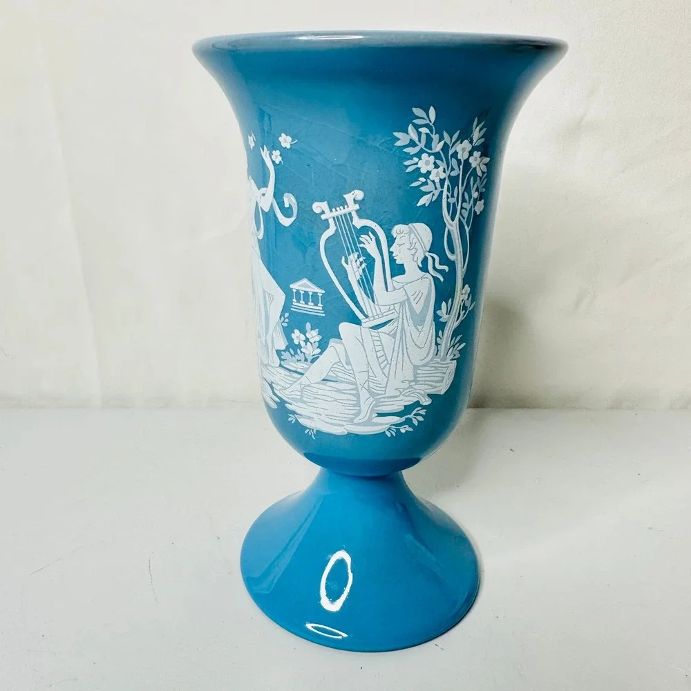 Florentine Made In Italy Blue Porcelain Neoclassical Greek Muse Pedestal Vase
